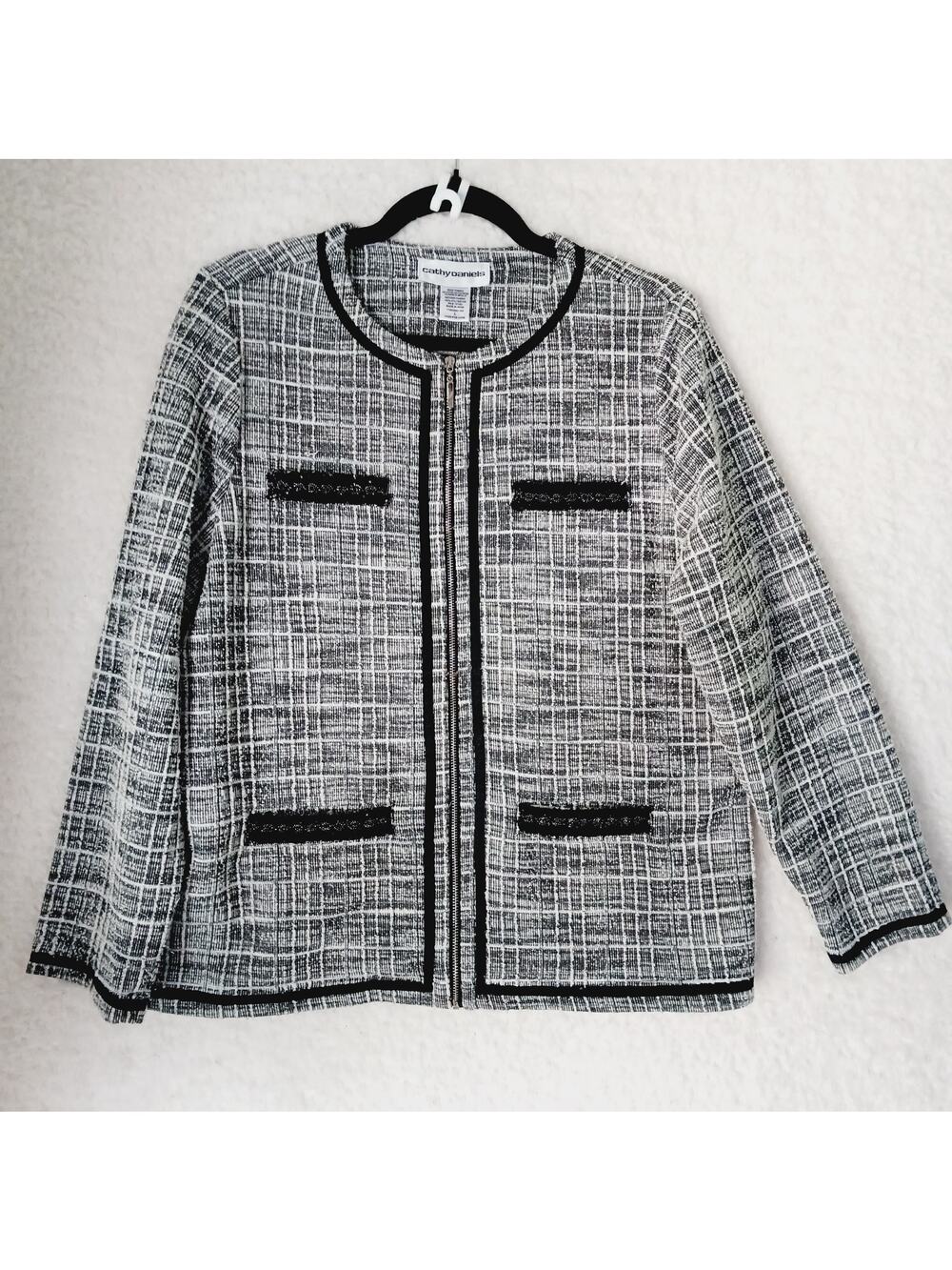 Jacket Women Cathy Daniels Zipper Pockets Black Silver Metallic Plaid Size L